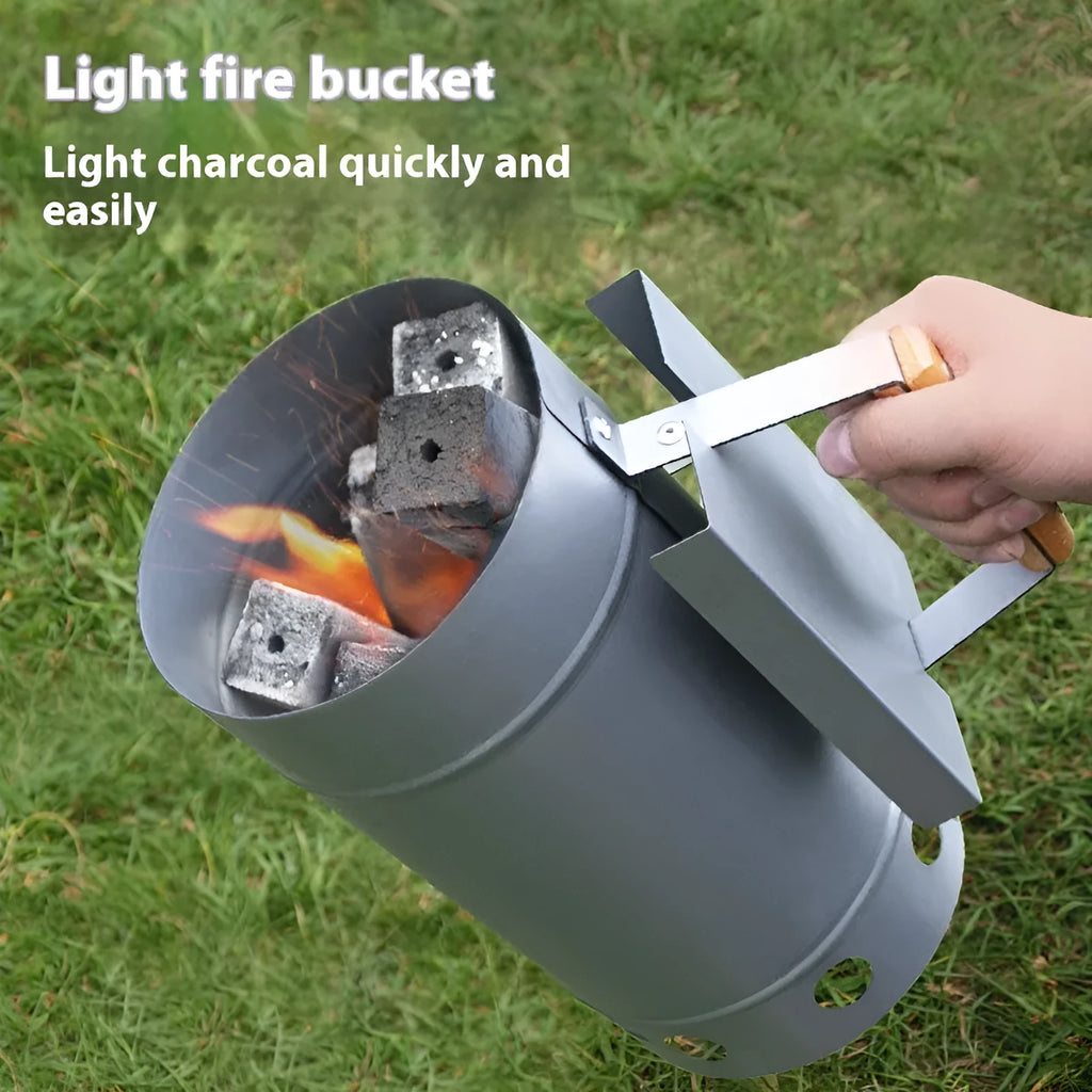 Zinc-iron alloy outdoor charcoal fire starter stove with point carbon barrel design and oven igniter.