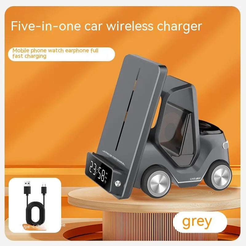 Grey, white, yellow, and orange coloured 15W three-in-one wireless fast charging stand for mobile phones.
