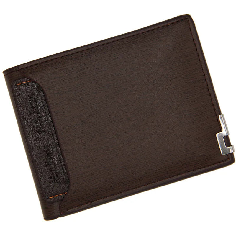 Men's casual short wallet in PU with iron-edge card-picking design, shown in black, dark coffee, and light coffee.