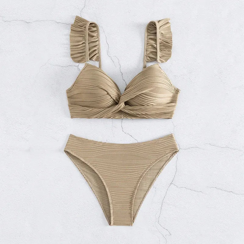Women's solid colour bikini swimsuit in black or khaki on mannequin