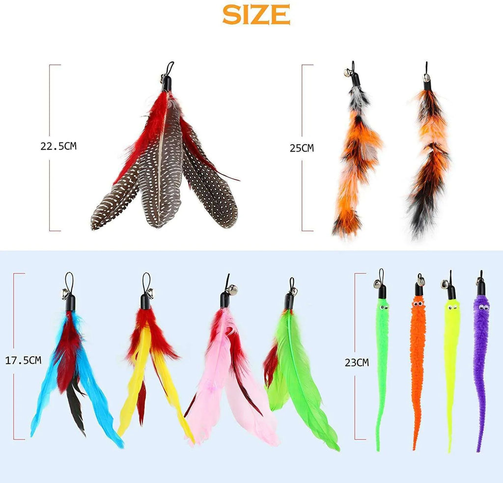 Three-section handheld cat teasing fishing rod toy with feather attachments