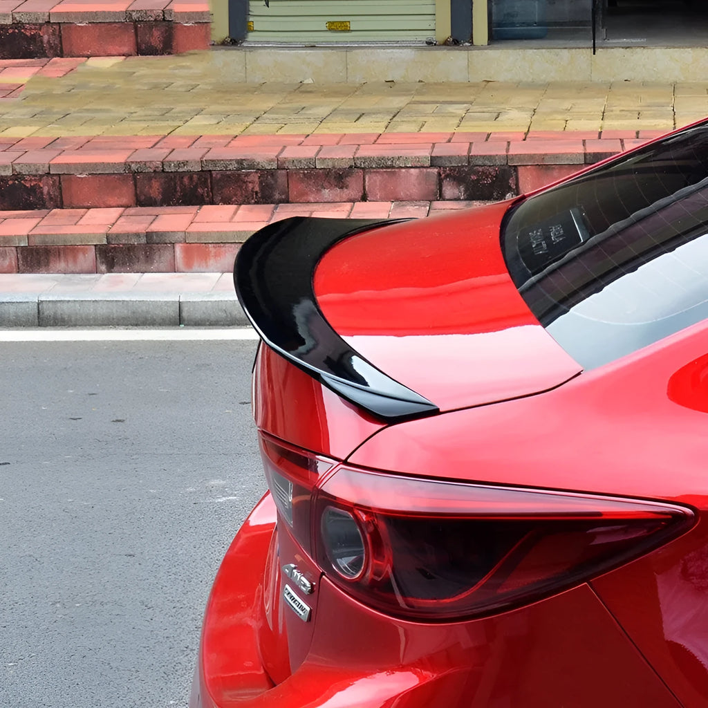 Mazda 3 Axela Exela bright black tail trim spoiler with large fixed wind surround blade design