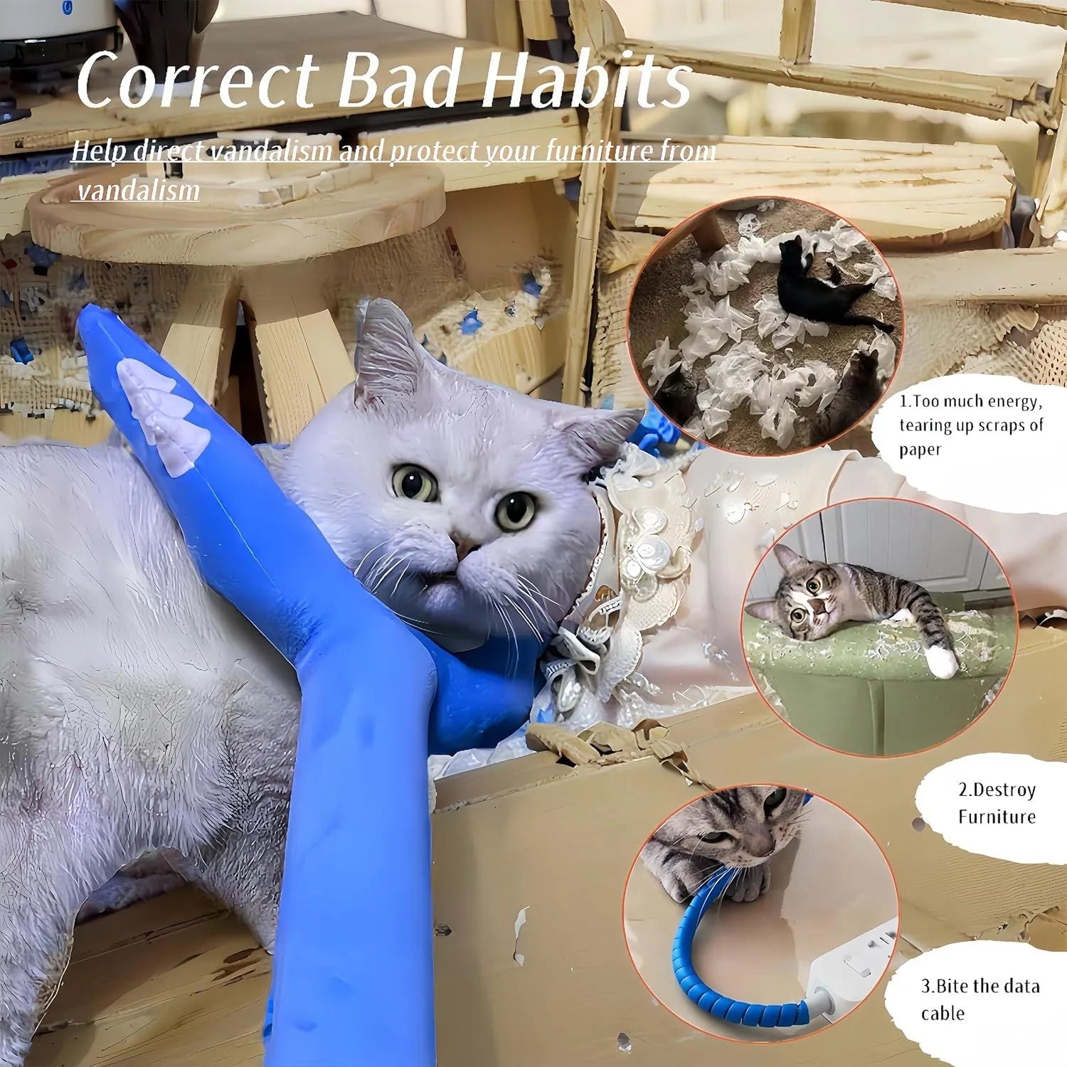 Blue plush cat wand toy with 70cm length for interactive indoor pet play