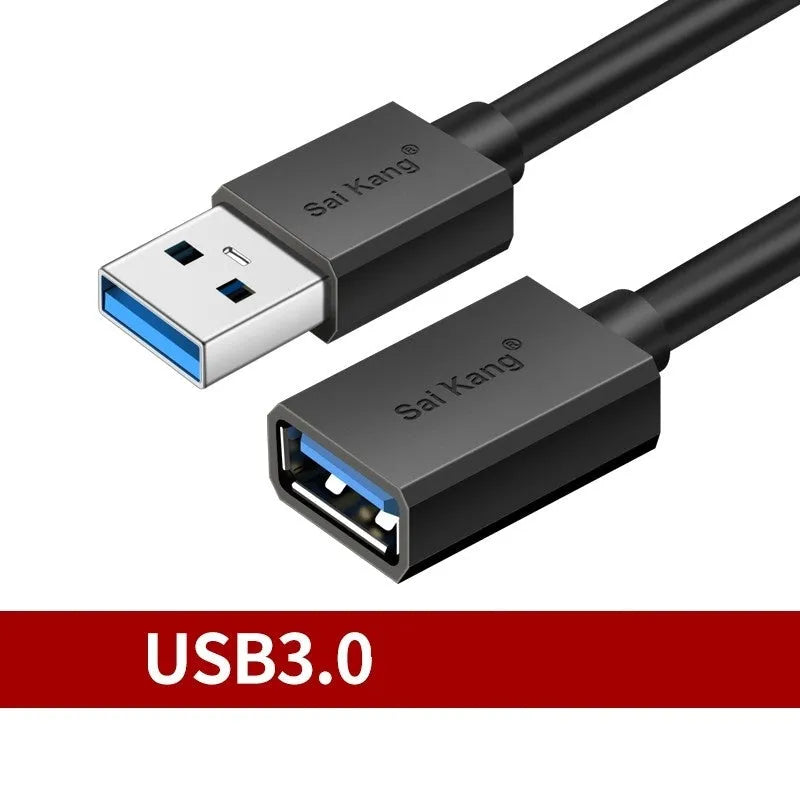 Black USB 3.0 and 2.0 male to female extension cable showing connector details and length options
