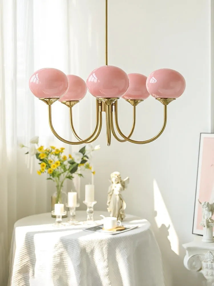 Retro five-head glass chandelier with iron frame and LED tricolour light in milky white finish