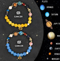 Two natural stone beaded bracelets with zodiac sign charms laid flat on a surface