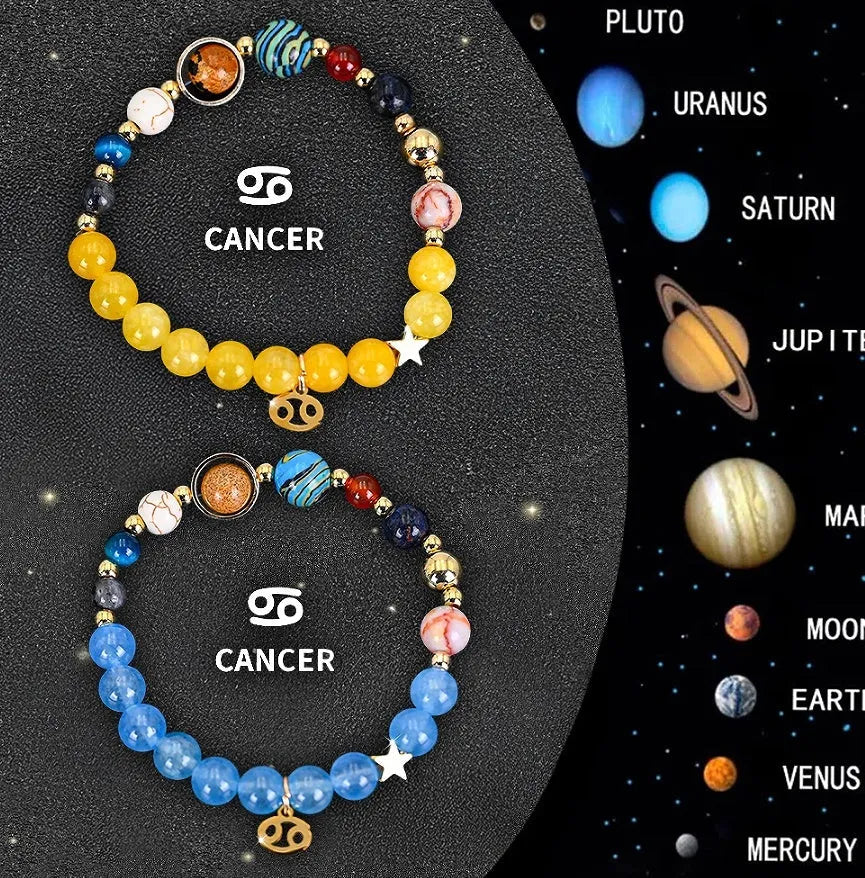 Two natural stone beaded bracelets with zodiac sign charms laid flat on a surface