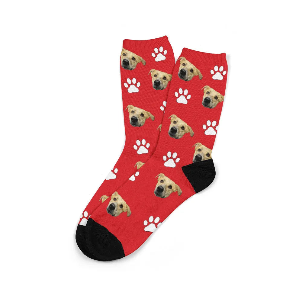Customised mid-calf socks with a cartoon graphic print in various colours including blue, red, and white.
