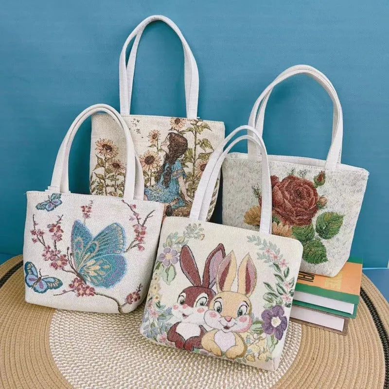 Double-sided gold wire embroidered medium canvas handbag with inner compartment