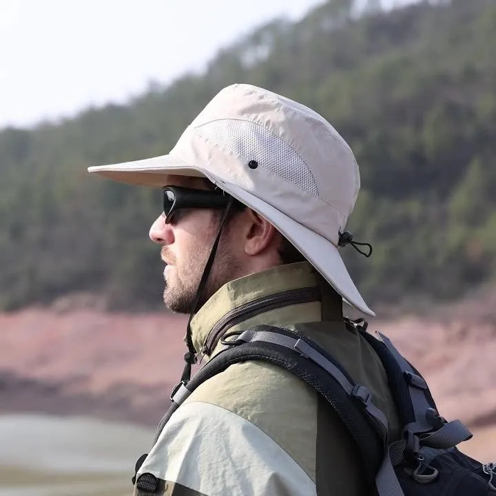 Men's polyester mesh sun protection bucket hat with flat top crown in army green, black, and navy blue