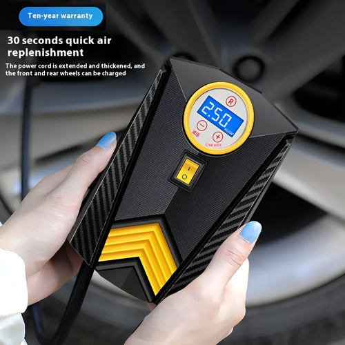 12V car inflator pump with wired pointer gauge, three nozzles, and fuse