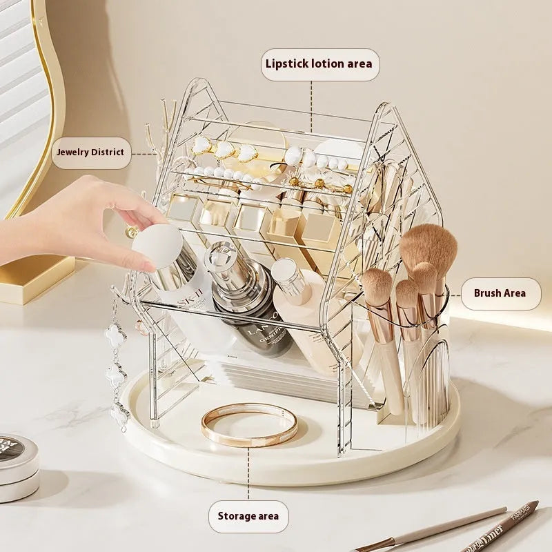 360 degree rotating cosmetics storage box in clear or amber gold plastic