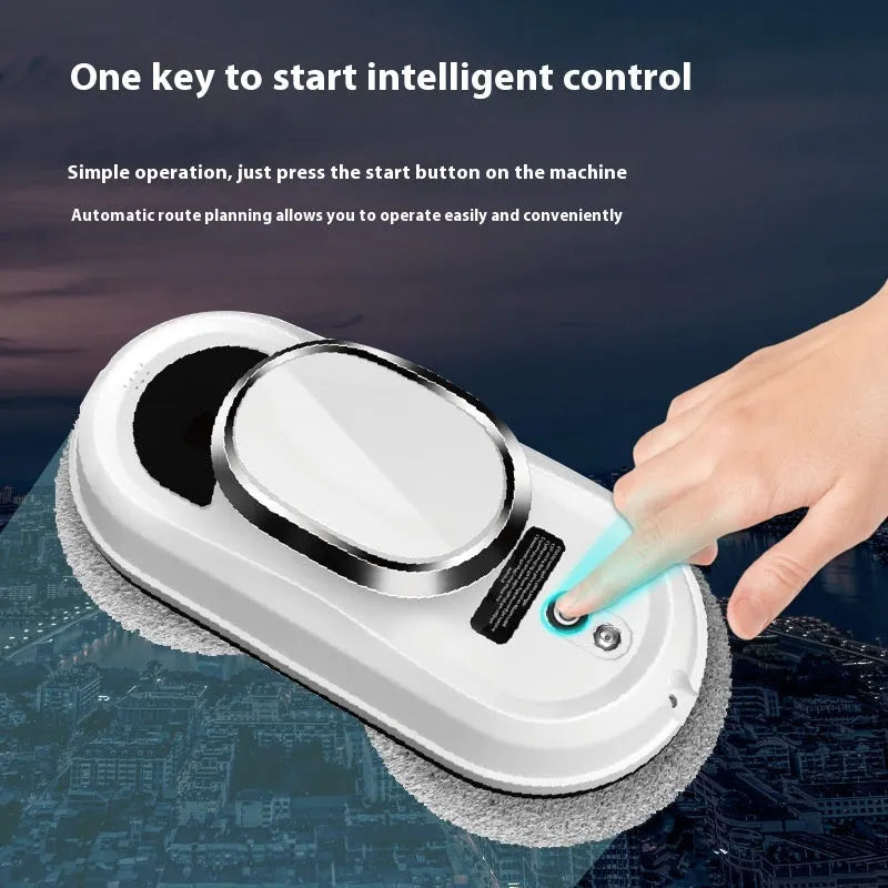 White full-automatic high-altitude window cleaning machine with remote control on a windowsill.