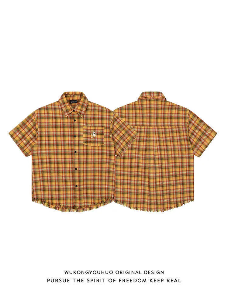 Yellow plaid loose fit short sleeve button-up shirt for men and women