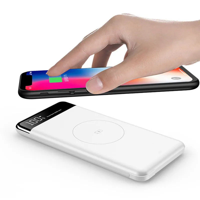 Thin 10000mAh wireless power bank with digital display and built-in cable in black