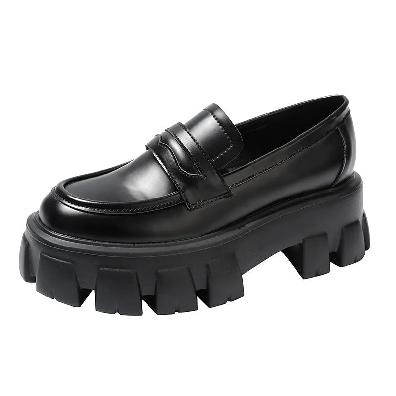 British style wide fit loafers in either matte or patent leather with distinctive muffin heel