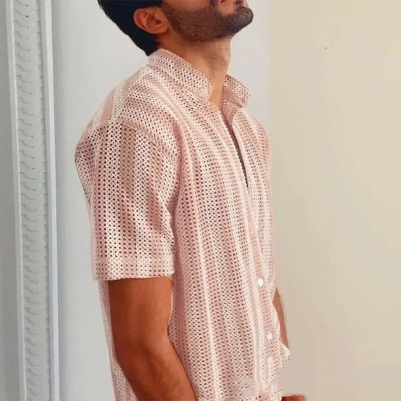 Men's pink waffle texture shirt with hole design, cardigan style with short sleeves