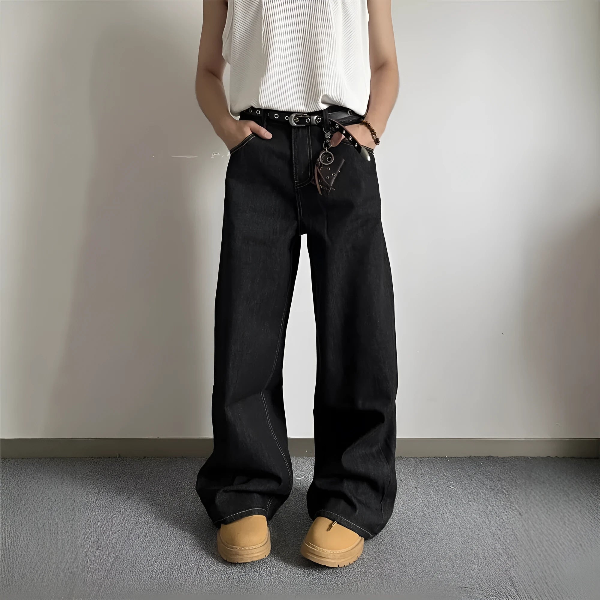 Black retro-style loose wide-leg straight-leg jeans with mid-waist design and zip placket closure