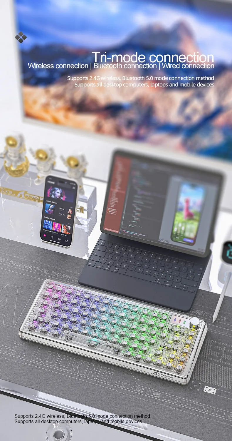 Attack Shark K75RGB white transparent wireless mechanical keyboard with RGB lighting on a desk