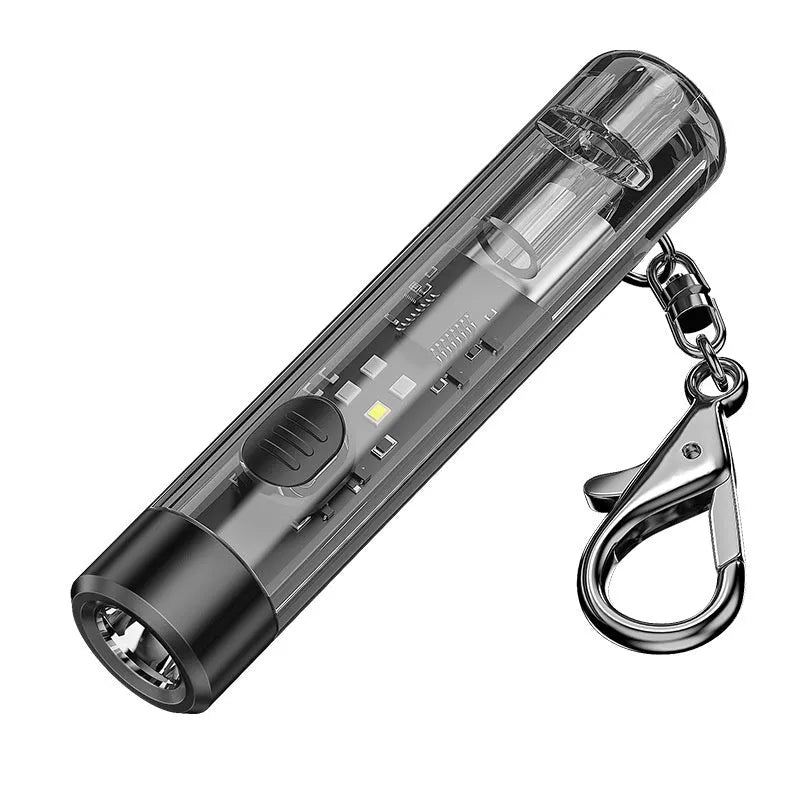 Black plastic USB rechargeable portable flashlight with charging cable.