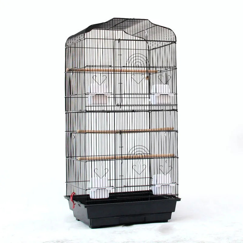 Portable wire bird parrot cage 45.5x35x93.5cm black with three wooden poles and plastic food cups removable bottom mesh
