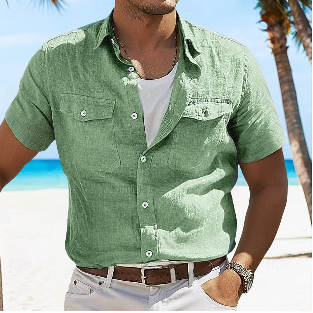 Men's solid colour cotton shirt with polo collar and long sleeves in loose cardigan style