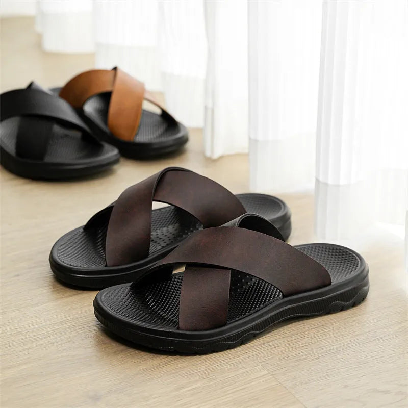 Men's leather cross beach slippers in black with double-sided leather upper and EVA sole