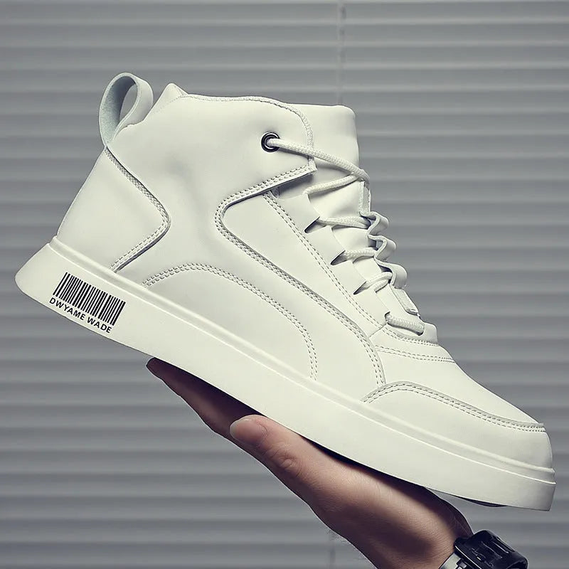 Men's white mid-top casual shoes with flat rubber sole and front lace-up design.