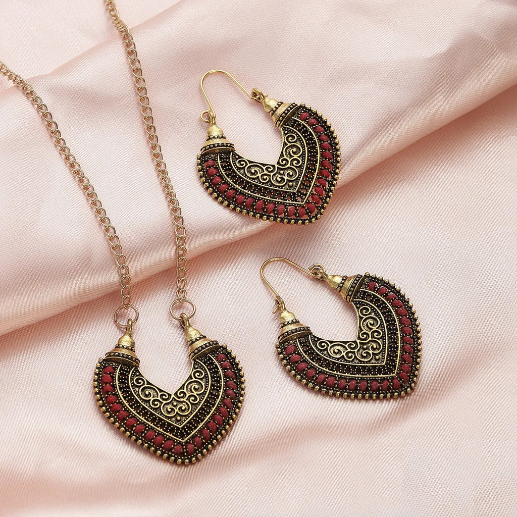 Rope winding heart-shaped earrings and matching necklace set with electroplated alloy pendants, shown in one of five colours