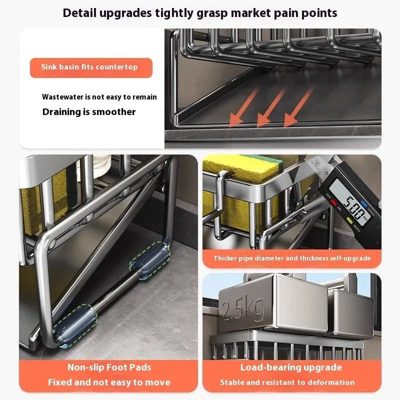 Kitchen sink rag draining rack in carbon steel with three colour options placed beside sink