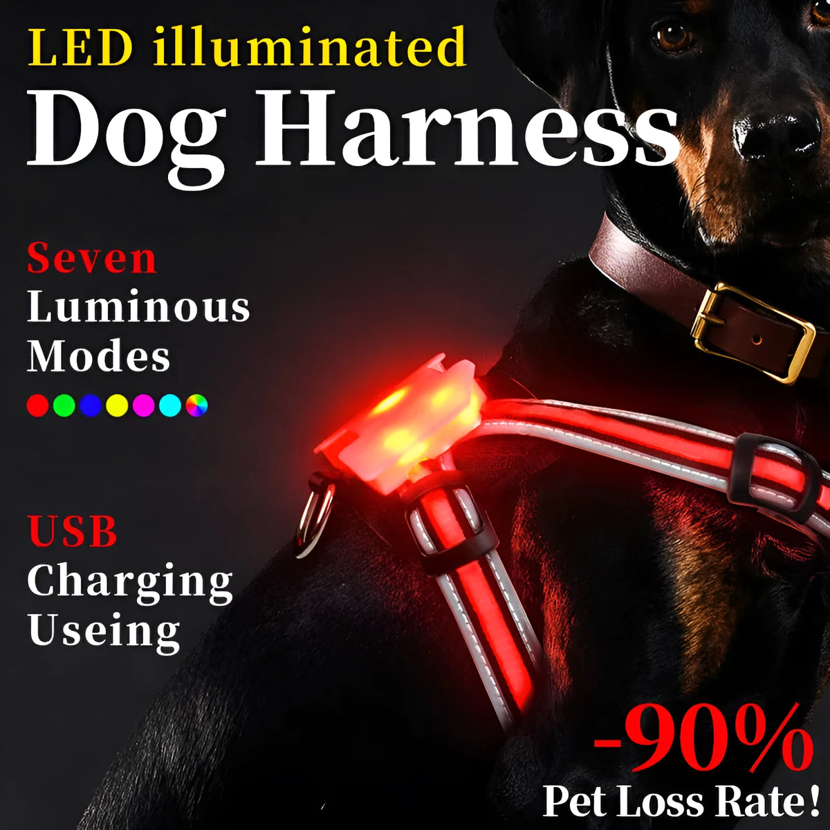 LED dog walking vest with seven-colour light, plastic ribbon and optical fibre strap, sizes S to XXL
