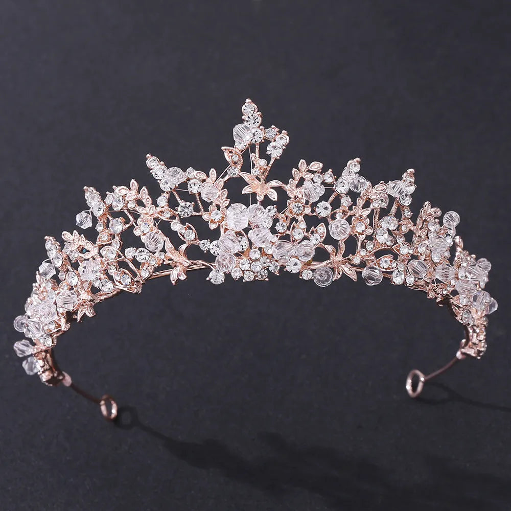 Handmade crystal crown tiara in thick silver finish with white crystals on alloy base