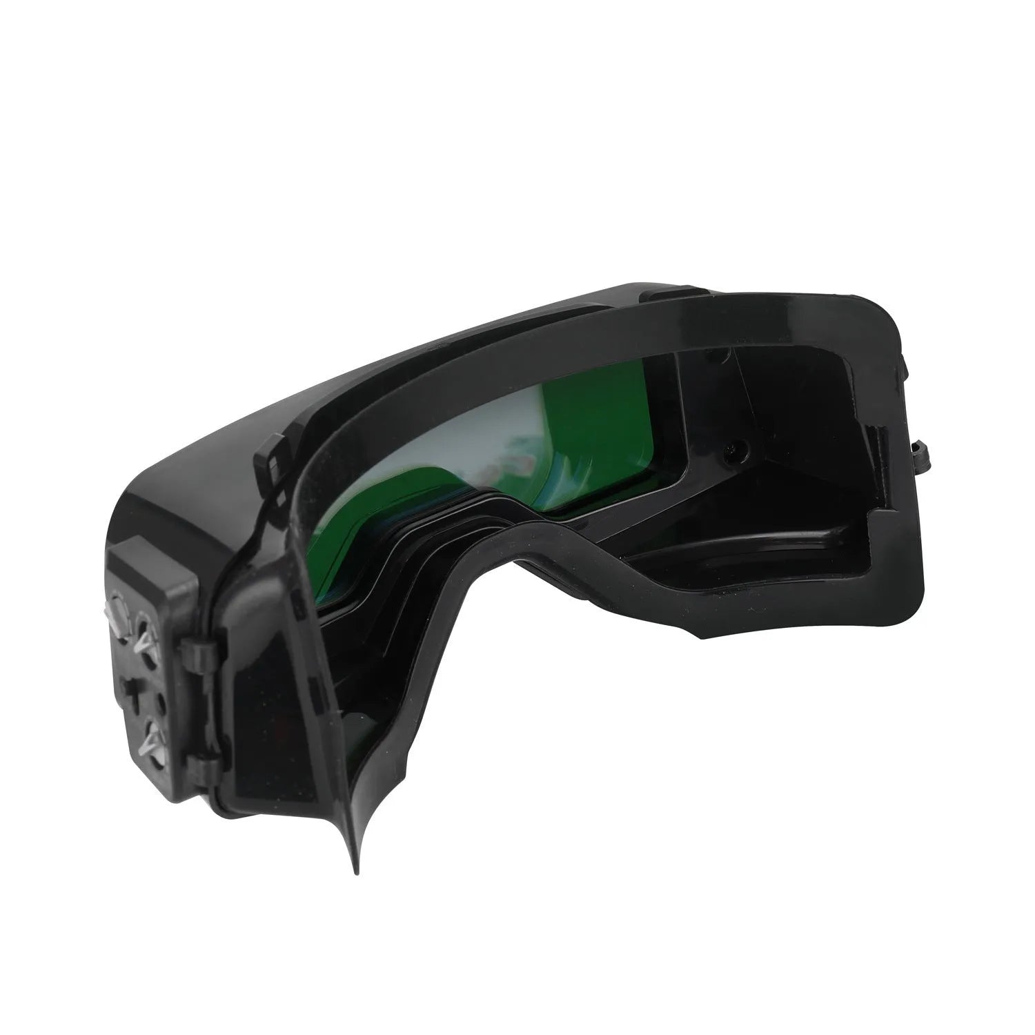 Black automatic darkening welding mask with a large rectangular viewing lens.
