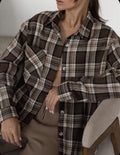 Women's dark brown striped retro shirt with plaid pattern and long sleeves
