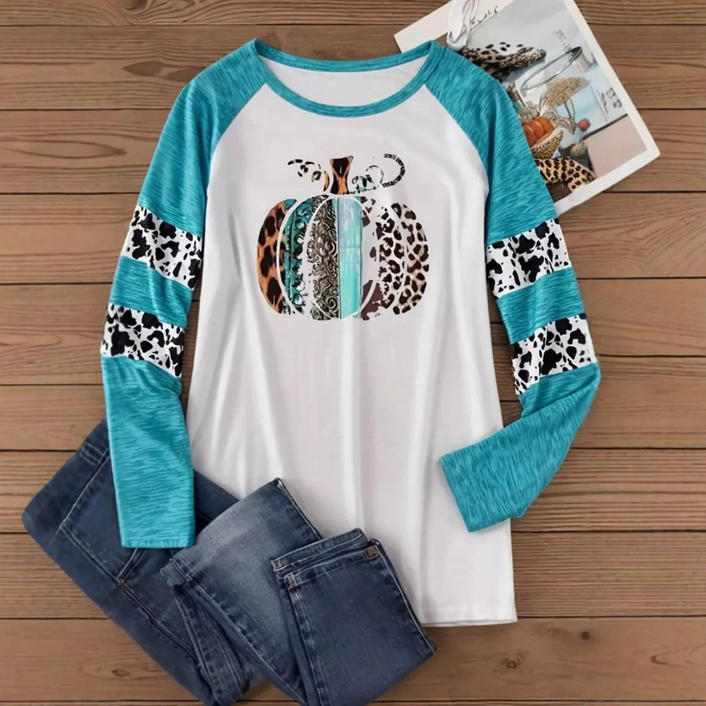 Sky blue Halloween pumpkin 3D digital printed T-shirt with Japanese Korean style and long sleeves