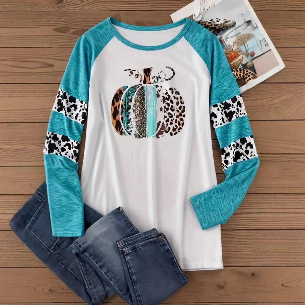 Sky blue Halloween pumpkin 3D digital printed T-shirt with Japanese Korean style and long sleeves