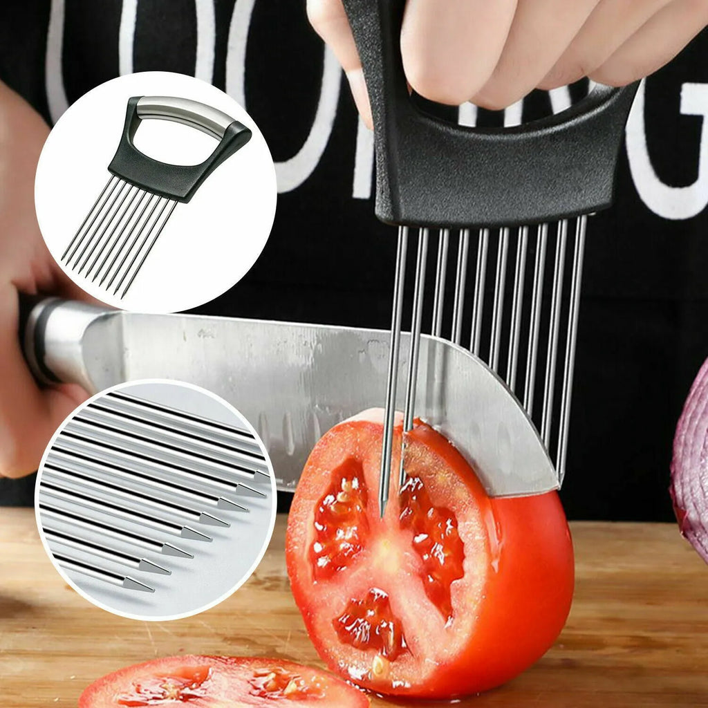 Stainless steel onion holder and vegetable slicer tool with ABS handle on a kitchen counter.