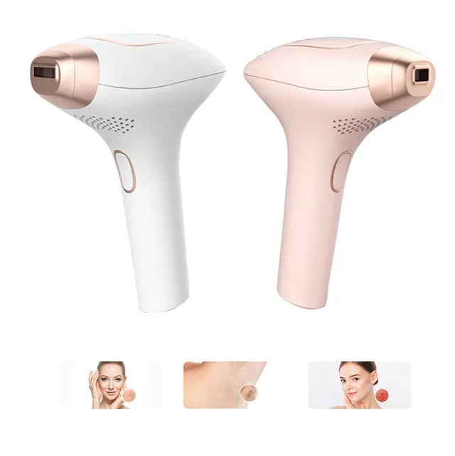 Pink and white three-in-one laser hair removal device with ice-sensing technology and shaver attachment