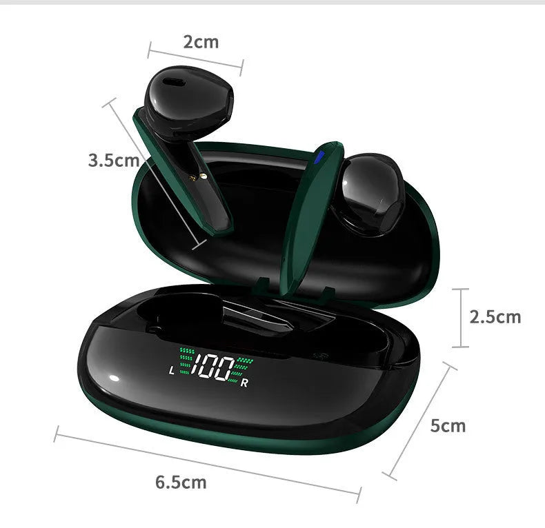 Y2 green wireless Bluetooth gaming earbuds with charging case and LED power display