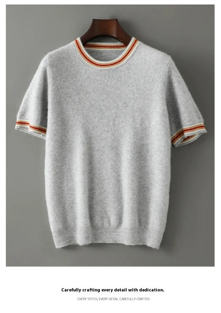 Men's round neck short sleeve pure wool sweater in grey on hanger
