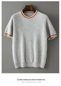 Men's round neck short sleeve pure wool sweater in grey on hanger
