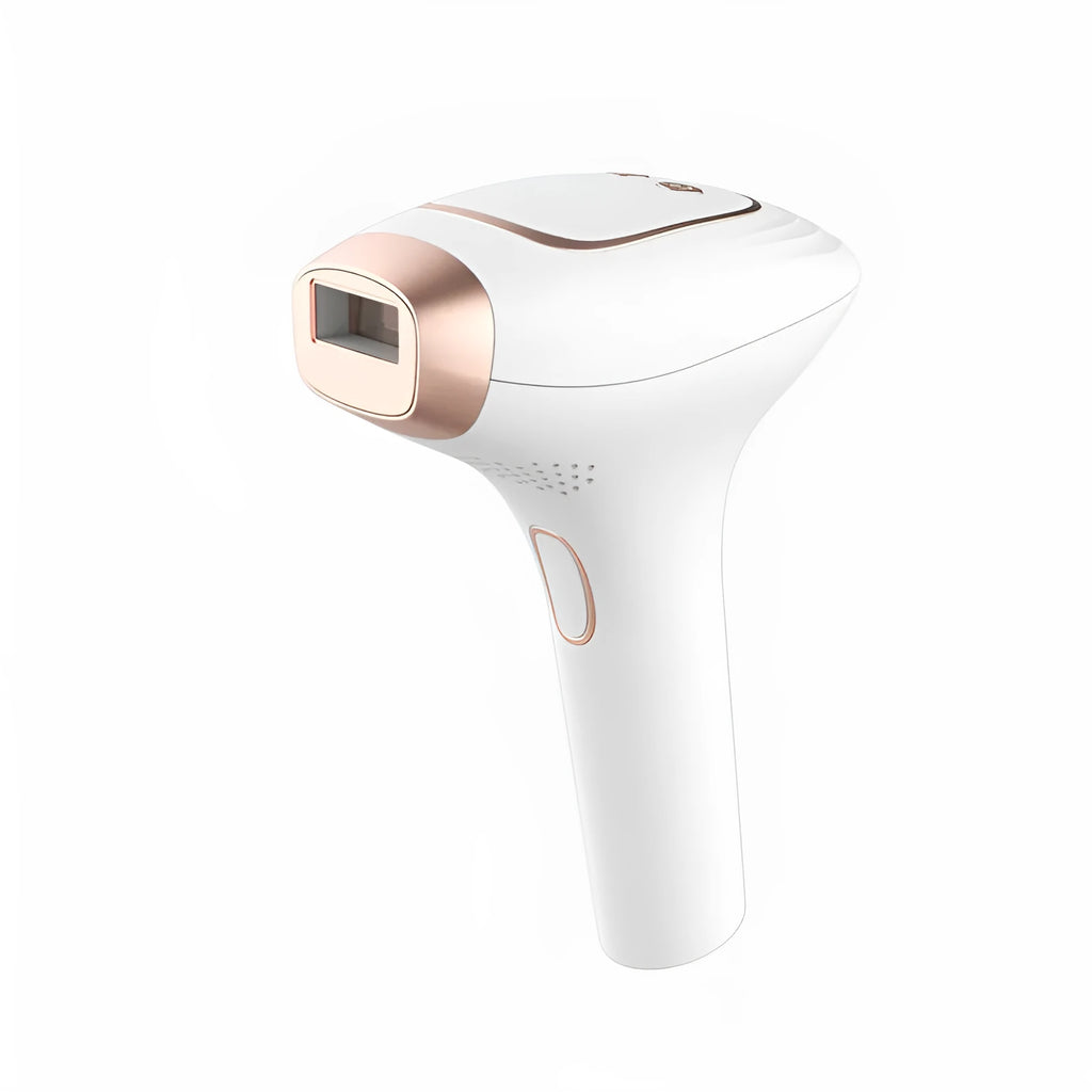 Pink and white three-in-one laser hair removal device with ice-sensing technology and shaver attachment
