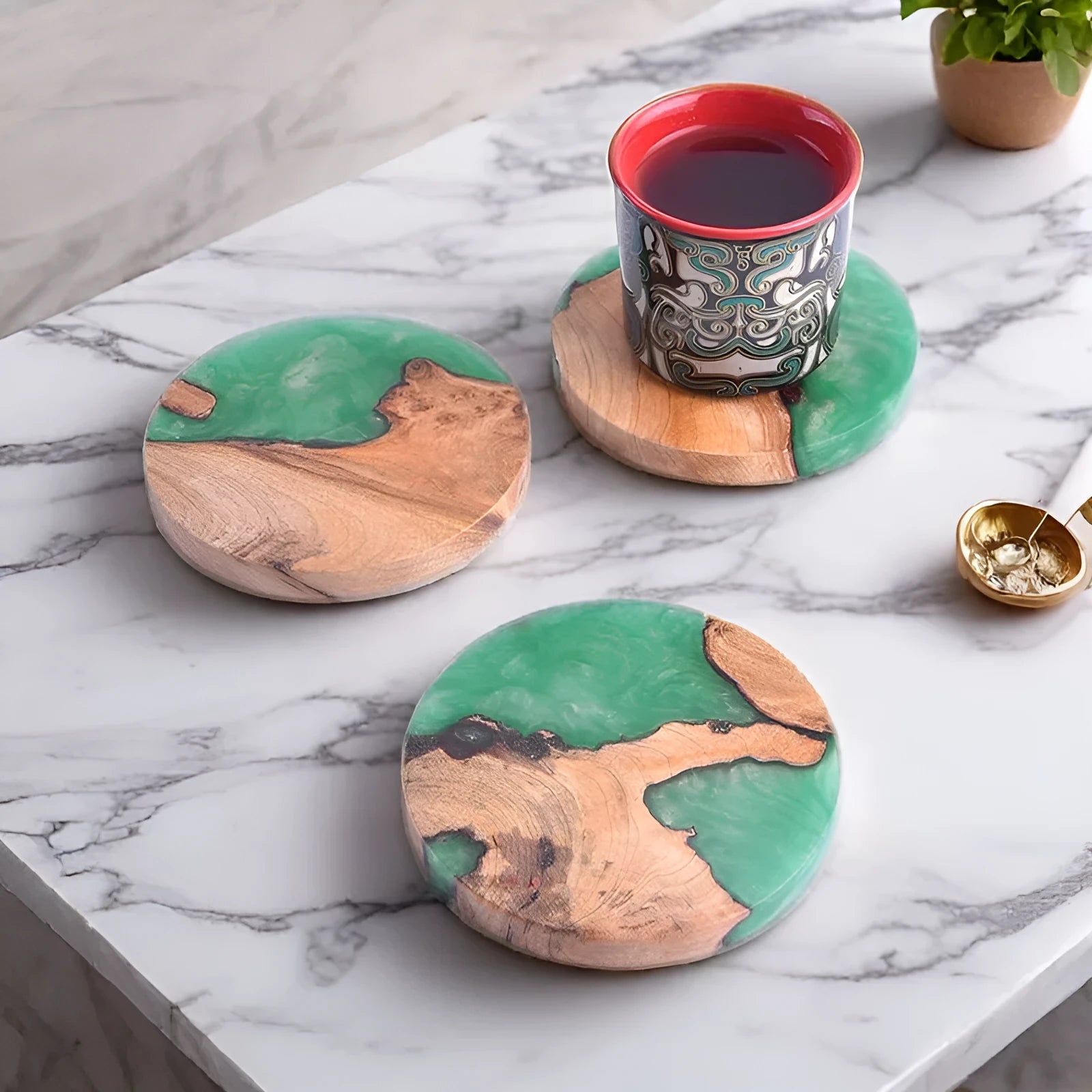 Nordic style wooden coaster in solid colour on a table.