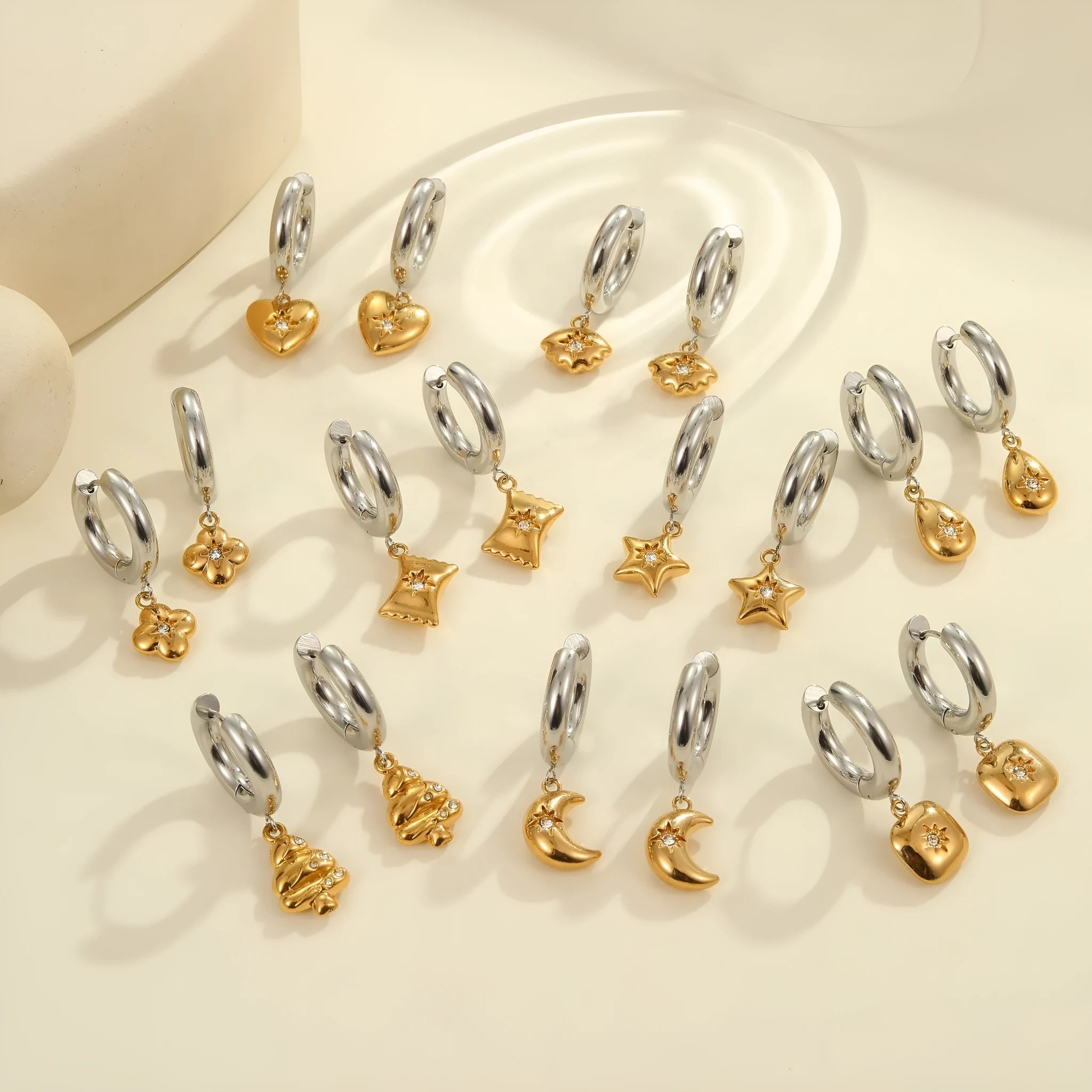Christmas tree and heart shaped stainless steel earrings with 18K electroplating geometric designs