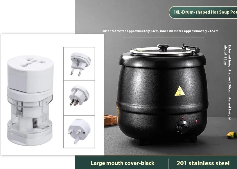 Black stainless steel electric heating soup pot with large mouth cover and 10L capacity