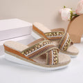 Linen wedge sandals for women with ethnic cross-straps, round toe, beige colour, non-slip rubber sole