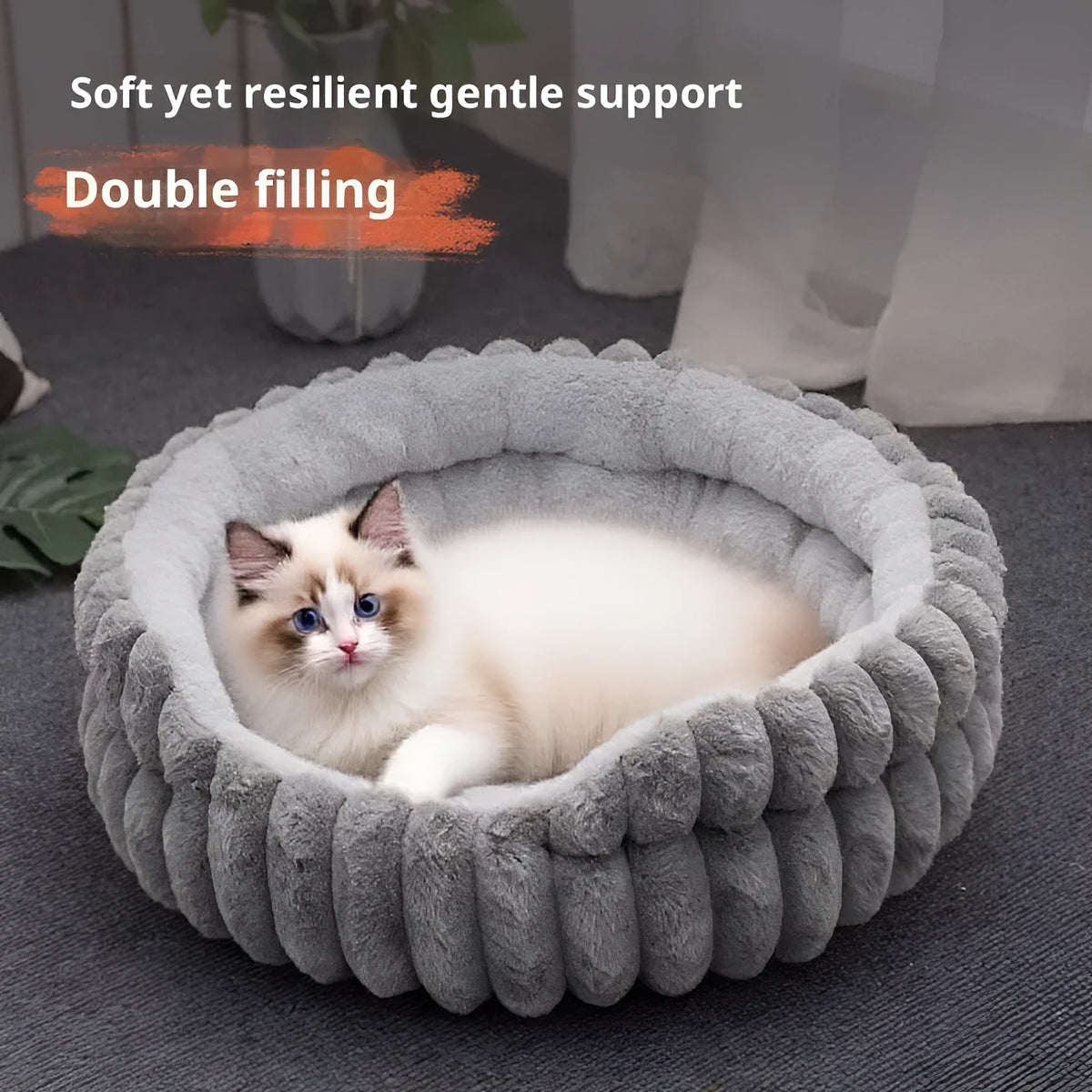 Round plush cat bed in 40cm, 50cm, or 60cm diameter with 15cm height, available in white, grey, pink, and khaki.