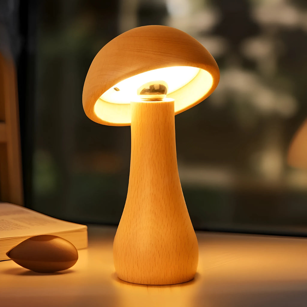 Solid wood mushroom LED table lamp in natural beech with USB power and 5 brightness settings