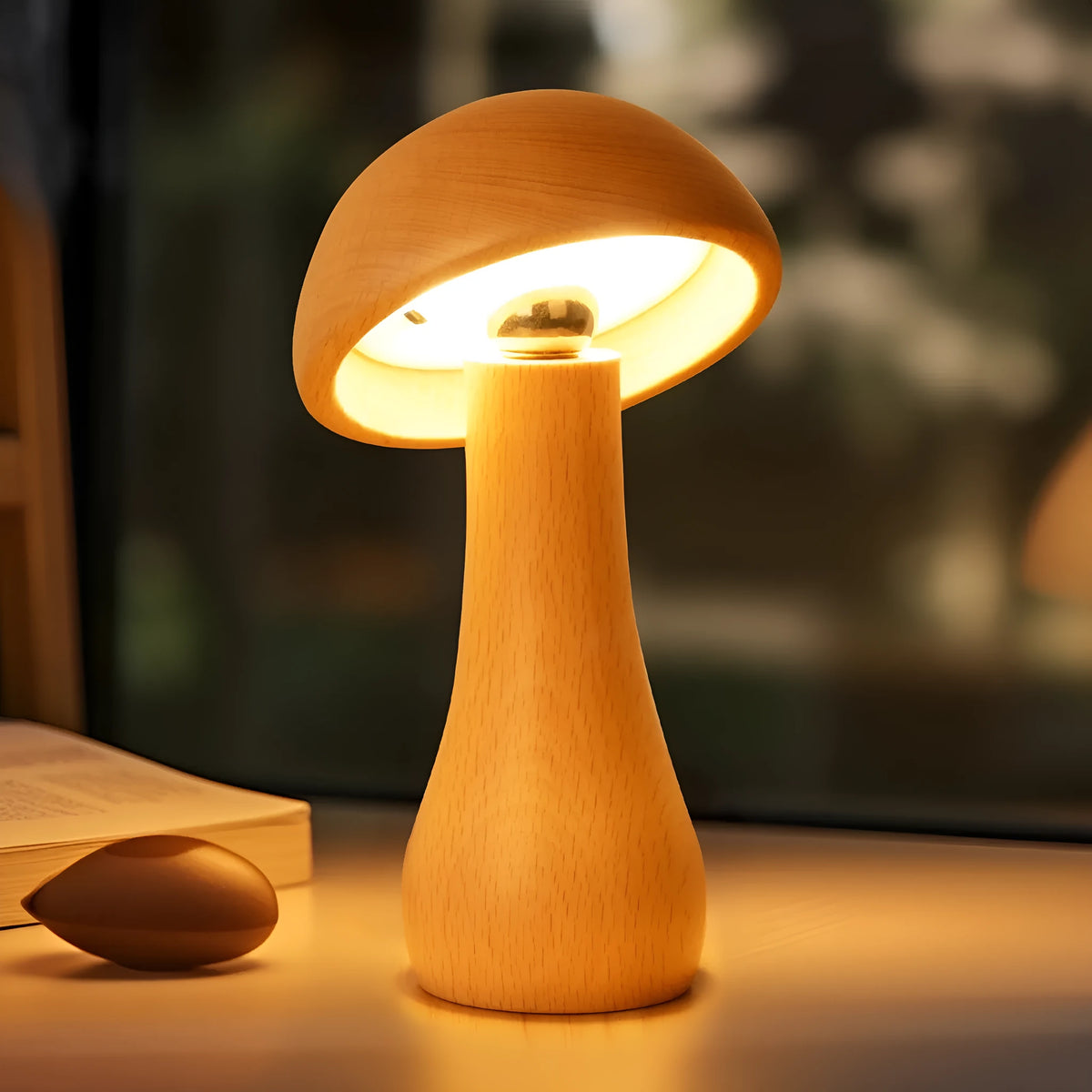 Solid wood mushroom LED table lamp in natural beech with USB power and 5 brightness settings