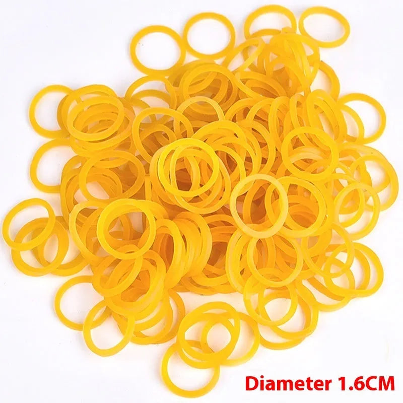 Bulk pack of assorted yellow rubber bands in sizes from 16mm to 70mm diameter